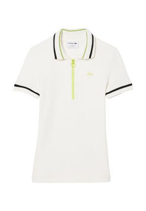 White polo shirt with a textured fabric, featuring black and neon green accents on the collar and sleeve cuffs, including a front zipper.