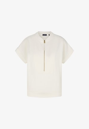Weißes kurzärmliges Oberteil mit Rundhalsausschnitt, ausgestattet mit einem goldfarbenen Reißverschluss in halber Länge und subtilen strukturierten Panelelementen auf der Vorderseite.