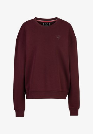 Bordeauxrode sweatshirt met een ronde hals, losse pasvorm, geribbelde manchetten en zoom, en een reliëflogo op de borst. Zachte stoftextuur.