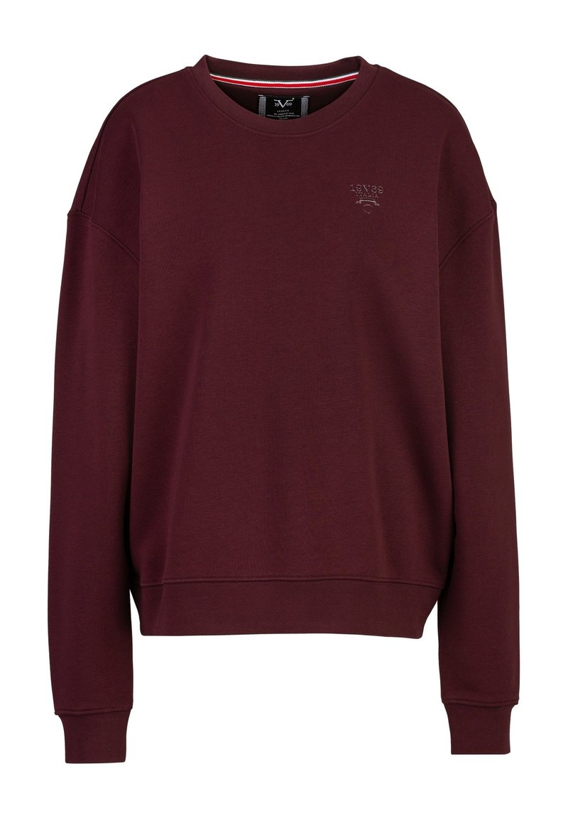 Bordeauxrotes Sweatshirt mit Rundhalsausschnitt, lockerer Passform, gerippten Bündchen und Saum sowie einem geprägten Logo auf der Brust. Weiche Stofftextur.