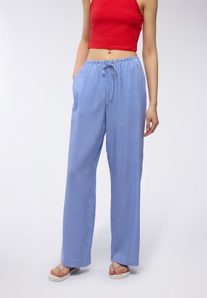 Pantaloni a gamba larga a strisce blu e bianche con vita elasticizzata e lacci. Tessuto leggero con una consistenza liscia.