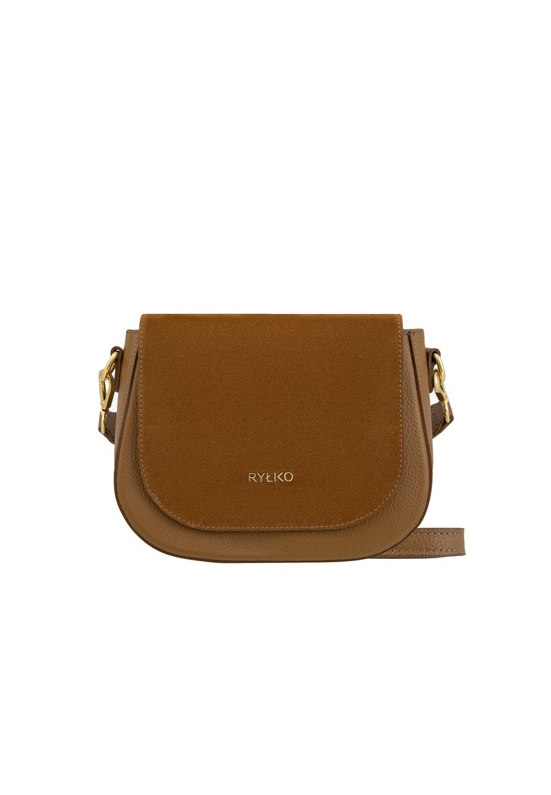 Misiņa krāsas ādas crossbody soma ar zamša vāku, noapaļotu apakšu un regulējamu siksniņu. Iezīme ir zelta toņa apkārtējais aprīkojums un iespiedots logo.