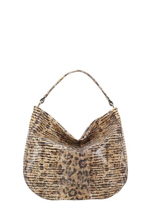 Leopard print hobo bag made of textured synthetic material with a curved shape and a single shoulder strap. Gold logo detail at the bottom.