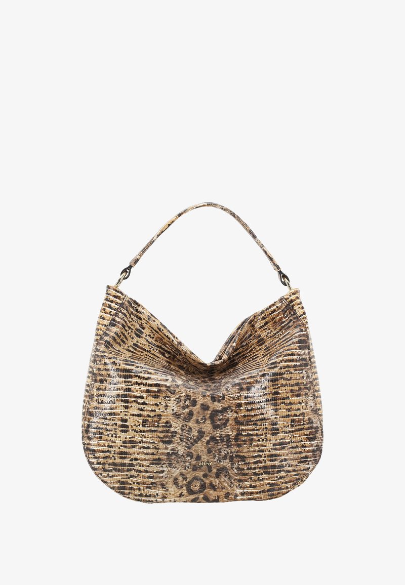 Hobo-Tasche im Leopardenmuster aus strukturiertem synthetischem Material mit kurvenförmigem Design und einem einzelnen Schultergurt. Goldfarbenes Logo-Detail am Boden.