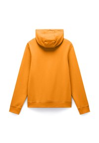 Orange hoodie with a drawstring hood, long sleeves, and a ribbed hem. Soft fabric texture and simple, unadorned design.