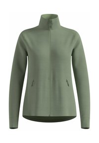 Grüner Langarm-Reißverschlussjacke mit hohem Kragen und zwei seitlichen Reißverschlusstaschen, taillierte Passform.