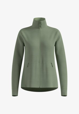 Giacca verde a maniche lunghe con zip, colletto alto e due tasche laterali con zip, vestibilità affusolata.