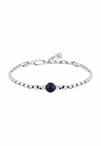 Bracciale in argento con un centrale perla di lapislazzuli blu con riflessi dorati. Chiusura a gancio con un piccolo pendente di marca attaccato.