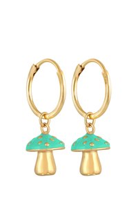 Orecchini a cerchio dorati con charm a fungo turchese e macchie dorate, design dettagliato e texture liscia.