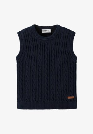 Pull sans manches bleu marine en tissu tricoté texturé avec un motif de torsades. Il présente un col et un ourlet côtelés, avec une petite étiquette de marque.