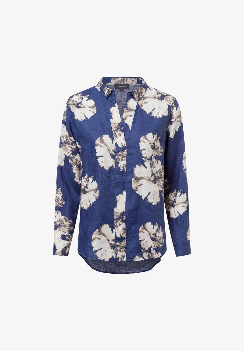 Navy blue linen shirt with white floral pattern, collared neck, long sleeves, and a slightly curved hem for added shape.