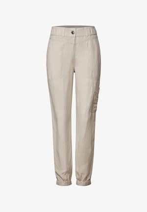 Beige cargobroek gemaakt van een lichtgewicht stof, met een knoopsluiting, elastische manchetten en zijzakken voor functionaliteit.