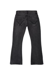 Jeans de mezclilla negra acampanados con una textura suave, diseño de cinco bolsillos y detalles de costura en los bolsillos traseros. Presenta una cinturilla estándar.