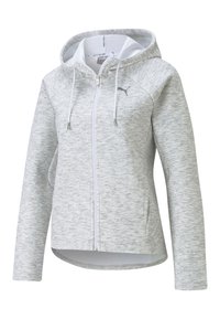 Sudadera con cremallera de color gris claro con una textura suave, que presenta un forro interior blanco, capucha con cordón y un detalle de logotipo sutil en el pecho.