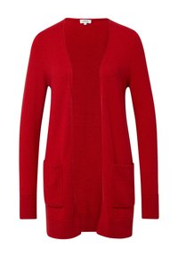 Czerwona dziana kardigan z otwartym przodem, dwoma przednimi kieszeniami, prążkowanymi mankietami i dołem. Miękka tekstura z prostym krojem.