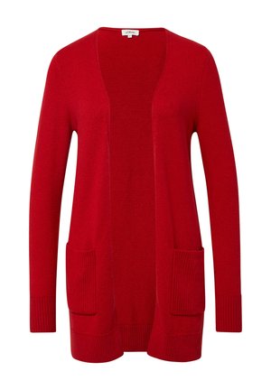 Czerwona dziana kardigan z otwartym przodem, dwoma przednimi kieszeniami, prążkowanymi mankietami i dołem. Miękka tekstura z prostym krojem.