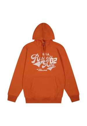 Felpa arancione con cappuccio, tasca frontale e scritta bianca "U.S.A. Russell Ath 02 Authentic Apparel" sul petto.