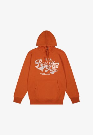 Felpa arancione con cappuccio, tasca frontale e scritta bianca "U.S.A. Russell Ath 02 Authentic Apparel" sul petto.
