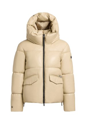 Giacca imbottita beige con grande cappuccio, zip frontale e due tasche a patta, progettata per il freddo.