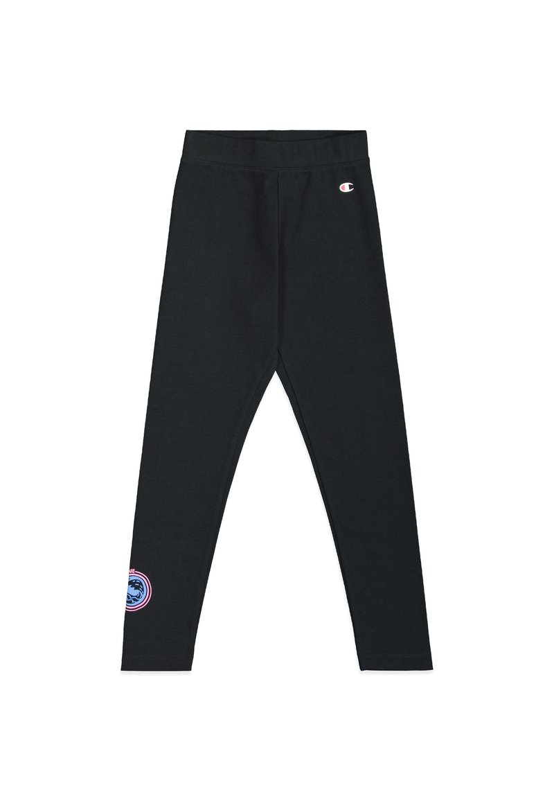 Zwarte legging met een zachte textuur en een elastische tailleband, voorzien van een ronde logo patch in roze en blauw op de onderkant van het linkerpootje.