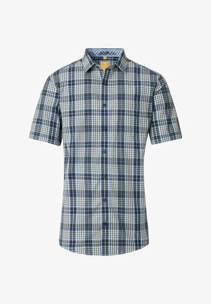 Kurzarmhemd im grün-blau-weißen karrierten Muster; aus Baumwolle gefertigt, mit Button-Down-Kragen und Frontknöpfen.