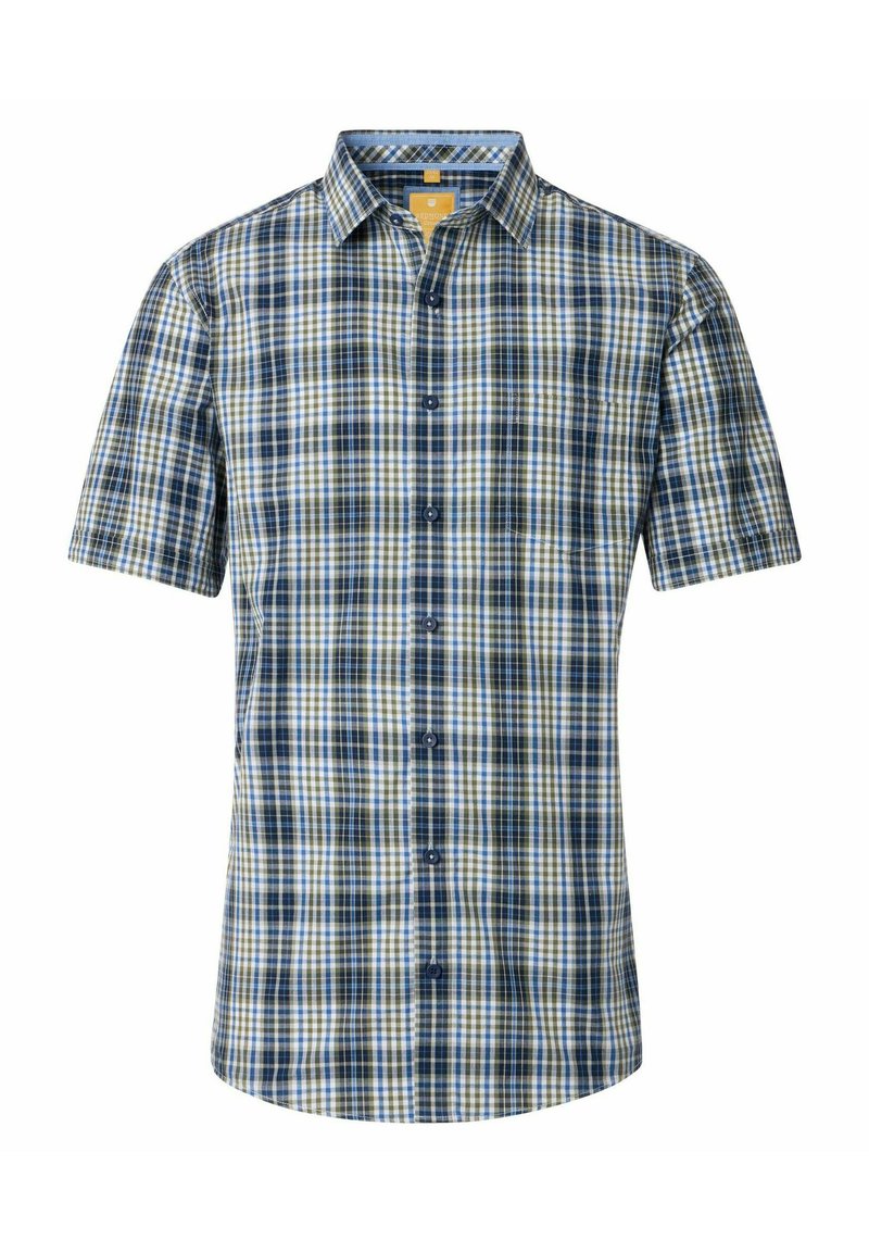 Kurzarmhemd im grün-blau-weißen karrierten Muster; aus Baumwolle gefertigt, mit Button-Down-Kragen und Frontknöpfen.