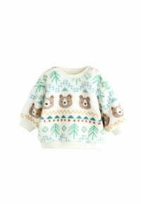 Uldne hvid sweater med bjørnemotiver og grønne træmønstre. Ribbet manchetter og halsudskæring. Blød tekstur med flerfarvede detaljer.