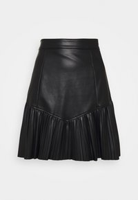 Zwarte neplederen rok met een glad bovenpaneel en geplooide onderrand, met een hoge taille en een lichte A-lijn vorm.