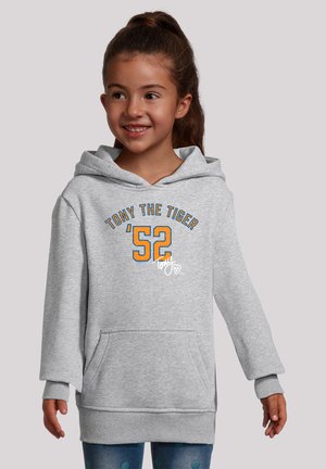 Gray hoodie with kangaroo pocket, featuring orange text "TONY THE TIGER '52" and logo. Soft texture, relaxed fit, wide hood, ribbed cuffs.