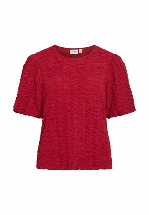 Petit haut à manches courtes rouge avec des détails de fronces texturés, col rond et coupe décontractée. Fabriqué en tissu léger. Étiquette de marque visible.