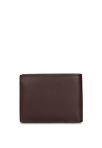 Portafoglio in pelle marrone con una texture liscia, forma rettangolare e bordi netti. Nessun elemento metallico o motivo visibile. Design semplice e funzionale.