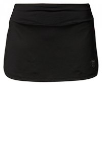 Jupe de sport noire fabriquée en tissu lisse et extensible. Elle possède une large taille et un détail de logo discret sur le bas à droite.