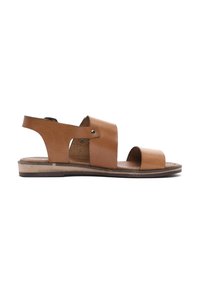 Brown leather sandal with an open toe, two wide straps, and a rear ankle strap, featuring a cork insole and a flat wooden sole.