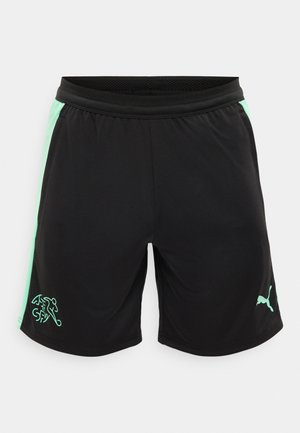 Pantaloncini sportivi neri con strisce laterali verde chiaro, logo della Federazione Svizzera di Calcio sulla gamba sinistra e logo Puma sulla gamba destra.