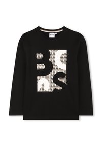 T-shirt noir à manches longues avec un design graphique blanc combinant lettres et motifs, avec un col rond et une texture de tissu douce.
