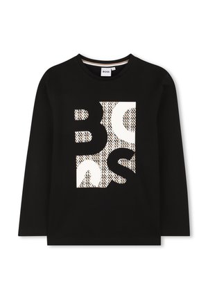 Schwarzes Langarmshirt mit einem weißen grafischen Design, das Buchstaben und Muster kombiniert, mit Rundhalsausschnitt und weichem Stoffgefühl.