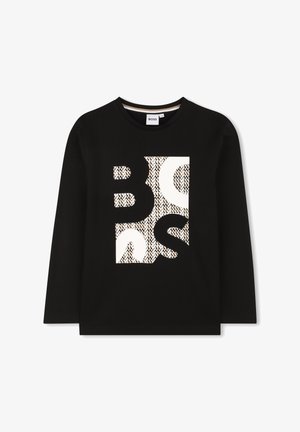 Zwart langemouwen shirt met een witte grafische print die letters en patronen combineert, met een ronde hals en een zachte stofstructuur.