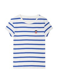 Pasiasty t-shirt z krótkim rękawem w kolorze białym i niebieskim, z haftowaną naszywką misia na lewej piersi. Miękka bawełniana tkanina.
