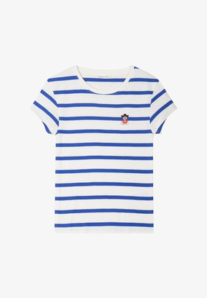 T-shirt à manches courtes rayé en blanc et bleu, avec un patch brodé d'ours sur la poitrine gauche. Tissu en coton doux.