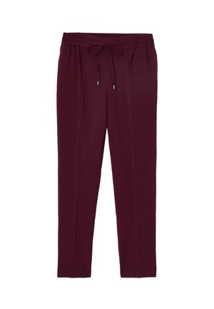 Pantalons élastiques bordeaux avec un cordon de serrage, jambes fuselées et tissu lisse. Aucun motif visible ni détail matériel.