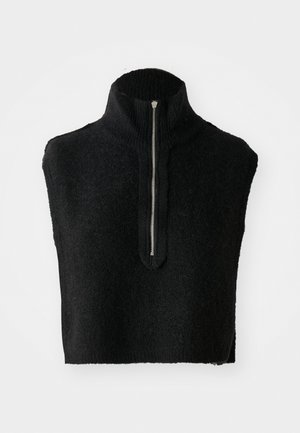 Black knitted sleeveless turtleneck vest with a front silver zipper extending halfway down the chest.
