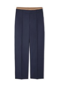 Pantalon large bleu marine avec une texture lisse, doté d'une taille beige et de plis sur le devant. Comprend des poches latérales et un ourlet droit.