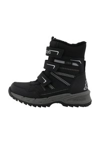 Botine negre până la glezna, cu trei curele Velcro, partea superioară din țesătură texturată, talpă din cauciuc gri și accente reflectorizante, concepute pentru utilizare în aer liber.