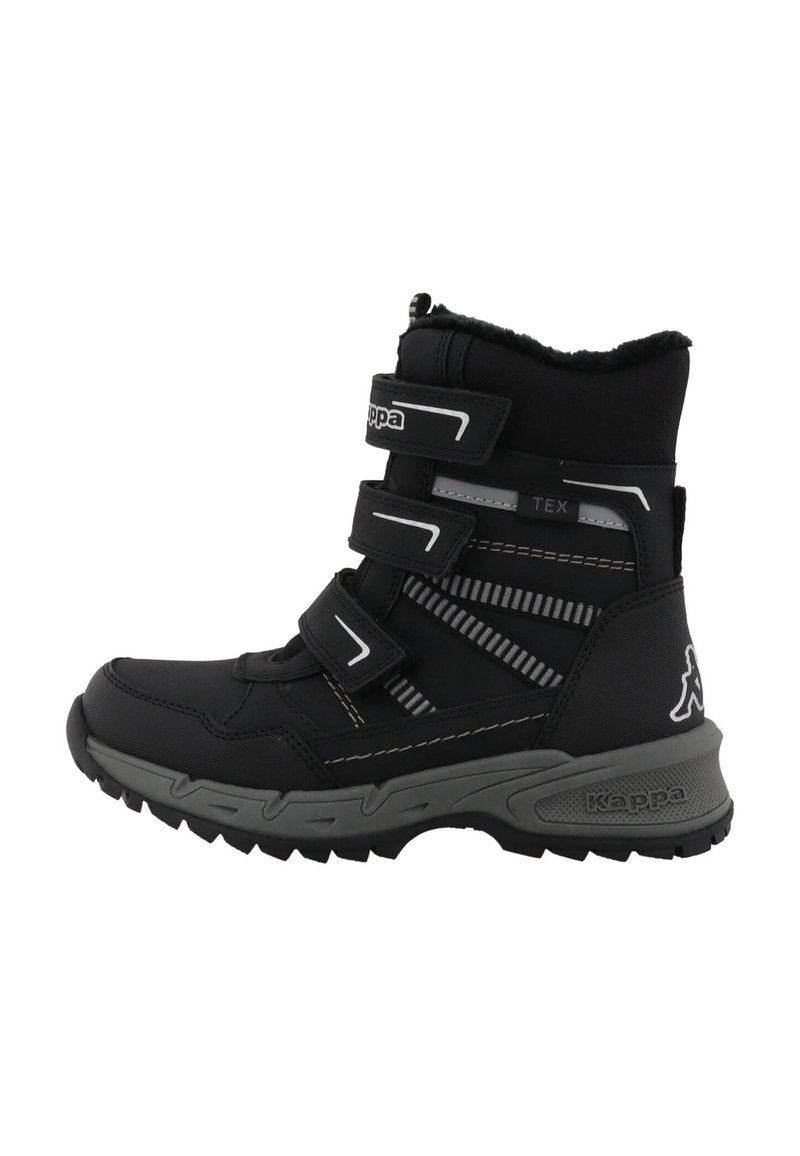 Botine negre până la glezna, cu trei curele Velcro, partea superioară din țesătură texturată, talpă din cauciuc gri și accente reflectorizante, concepute pentru utilizare în aer liber.