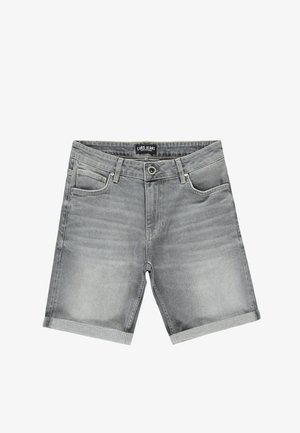 Grijze denim shorts met een lichte vervaging, voorzien van een klassiek vijf-pocket ontwerp, opgerolde zoom en een ritssluiting met knoopsluiting.