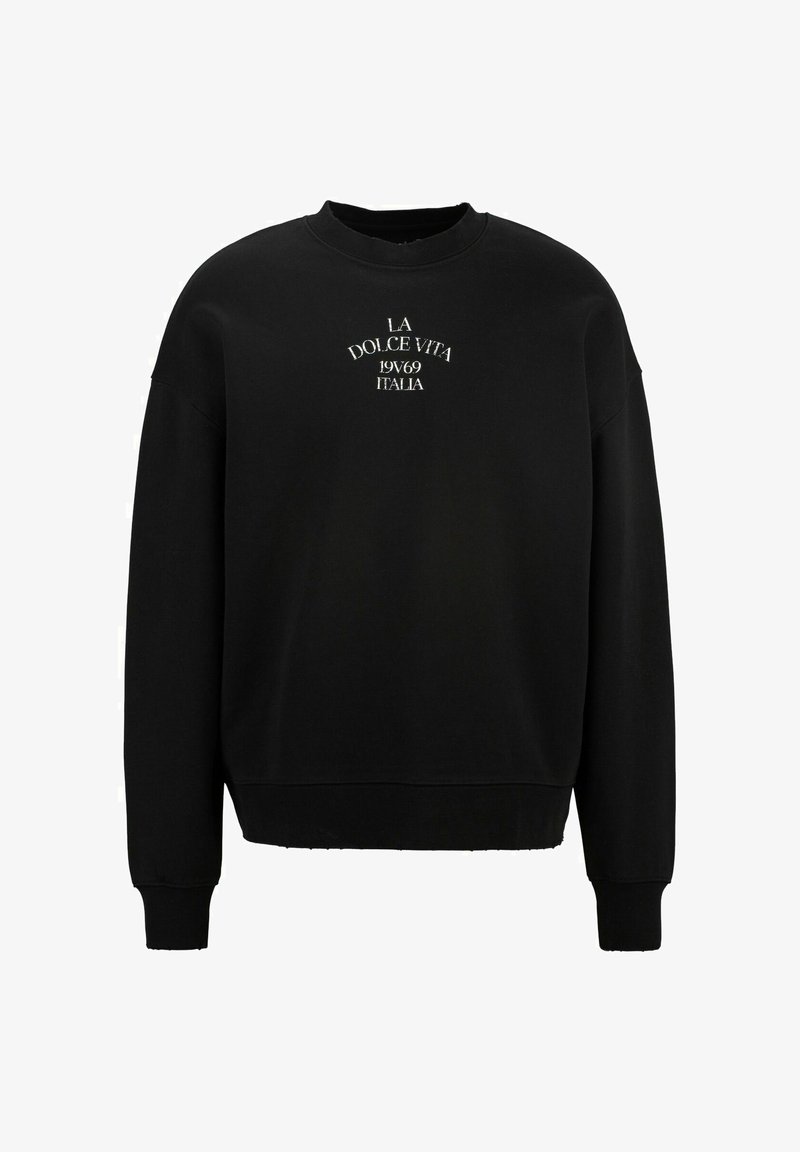 Zwarte sweatshirt met geribbelde halslijn, verlaagde schouders en geborduurde tekst: "LA DOLCE VITA 1969 ITALIA" in het wit. Zachte stofstructuur.