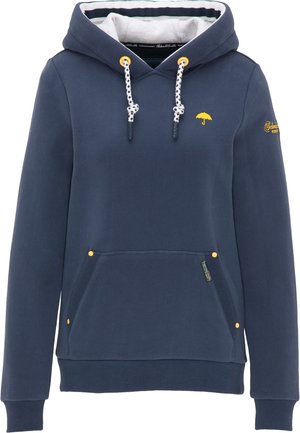 Sweat à capuche bleu marine avec cordons blancs et bleu marine, logo parapluie jaune sur la poitrine et poche kangourou avant avec détails de boutons jaunes.