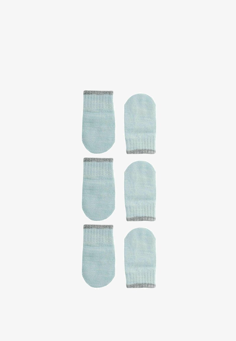 Svijetloplave rukavice s sivim detaljima, s rebrastim dizajnom manšete. Set od pet, prikazujući mekanu, teksturiranu pleteninu.