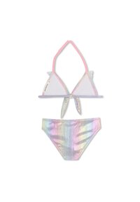 Ensemble bikini deux pièces comprenant un haut dos nu orné de liserés roses en tissu irisé et un bas assorti irisé à texture côtelée.