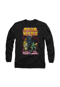 Black long-sleeve t-shirt featuring colorful "Star Wars" graphic with characters in action, including lightsabers and blasters.